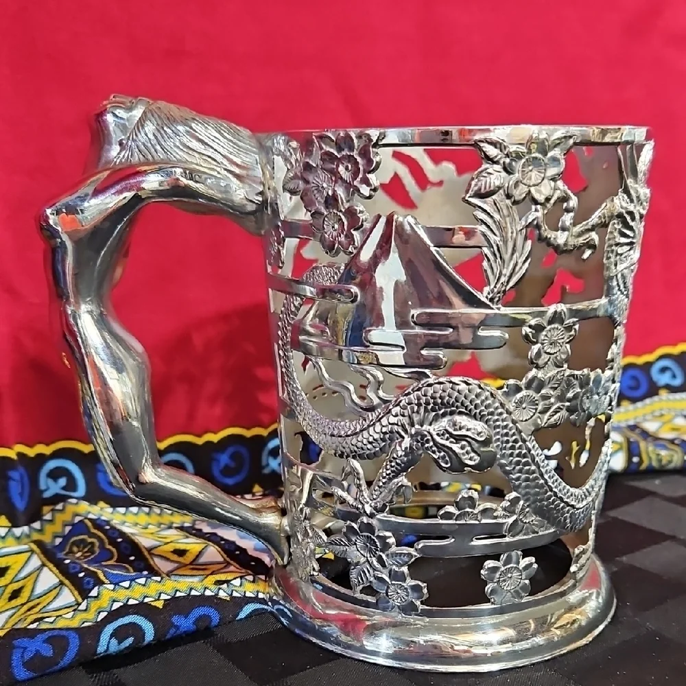 Japanese Cut Silver Plated Stein Tankard Holder with Nude Handle
